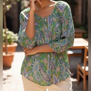 Sundance Giverny Paisley Print Silk Blouse Pink Green Medium